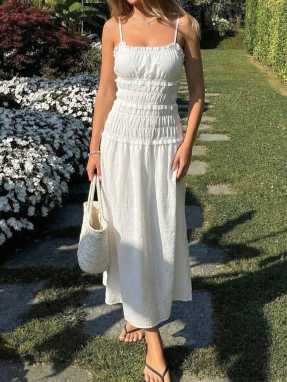 White Elegant Women's Multi-Layer Ruffle Slim Fit Spaghetti Strap Maxi Dress